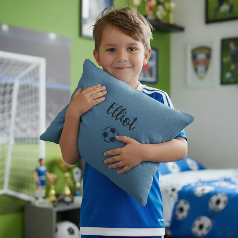 Coussin personnalisé prénom foot - Blue jean