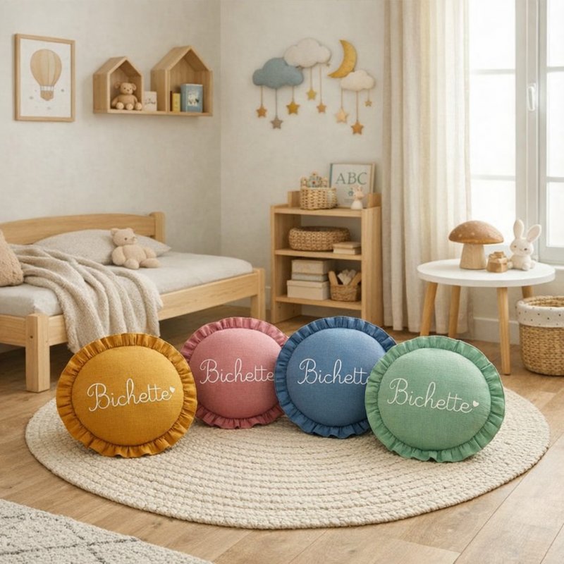 coussin rond personnalisé à volants