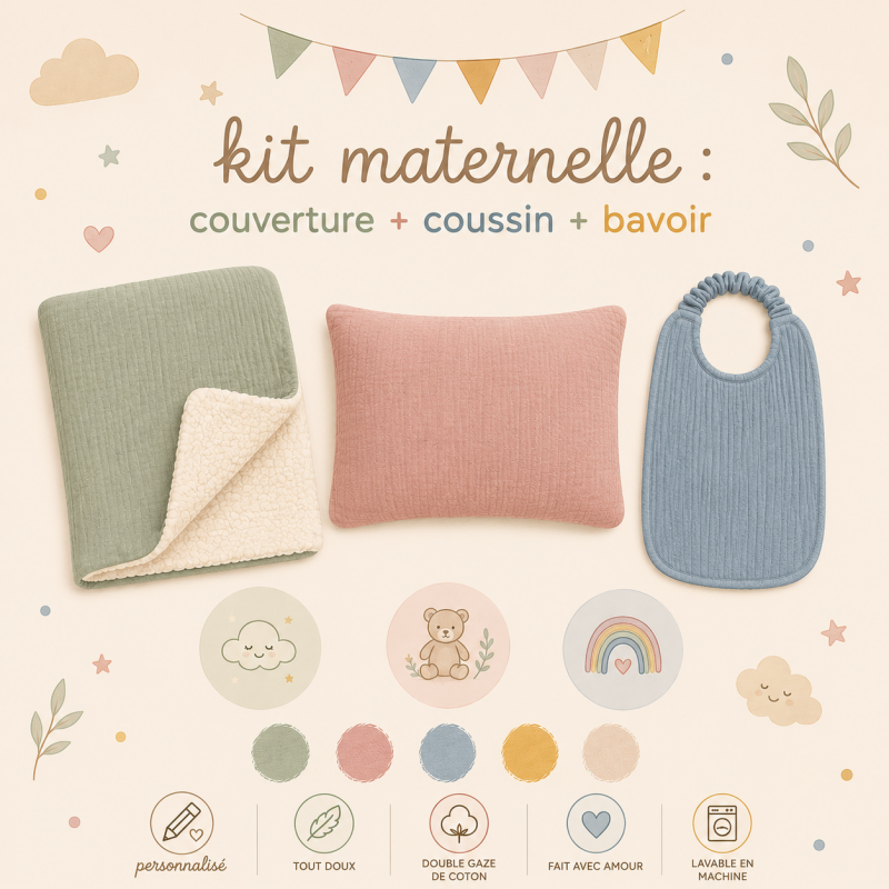 kit école maternelle couverture bavoir coussin