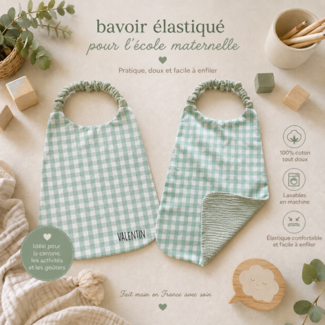 Bavoir maternelle élastique - vichy vert