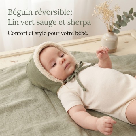 bonnet bébé garçon lin vert sauge et sherpa écrue