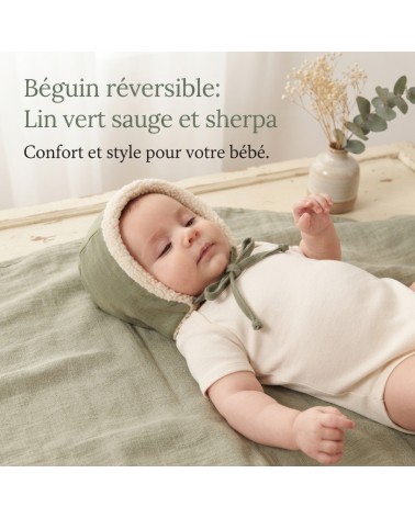 bonnet bébé garçon lin vert sauge et sherpa écrue