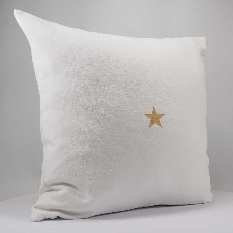 housse de coussin 40x40 cm fait main lin blanc motif étoile dorée