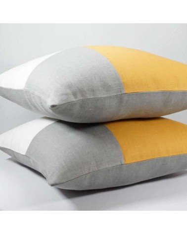 coussin graphique design en lin moutarde, gris et blanc, 40x40 cm