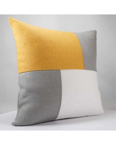 coussin graphique design en lin moutarde, gris et blanc, 40x40 cm