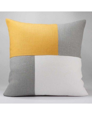 coussin graphique design en lin moutarde, gris et blanc, 40x40 cm
