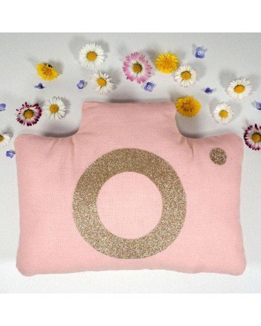 Coussin chambre fille, appareil photo rose