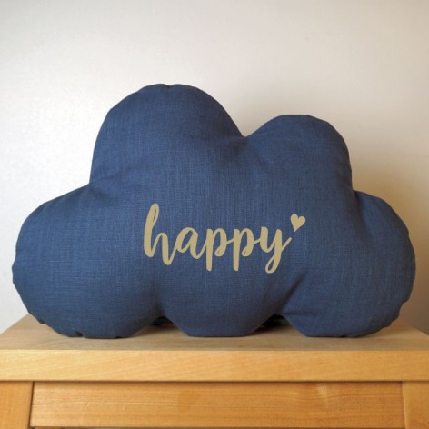 Coussin chambre bébé garçon, nuage Happy en lin bleu