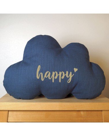 Coussin chambre bébé garçon, nuage Happy en lin bleu