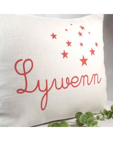 Coussin prénom en lin blanc, personnalisation rose fuchsia