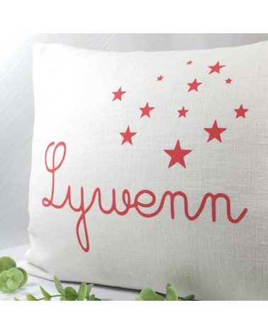 Coussin prénom en lin blanc, personnalisation rose fuchsia