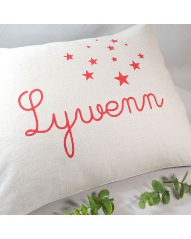 Coussin prénom en lin blanc, personnalisation rose fuchsia