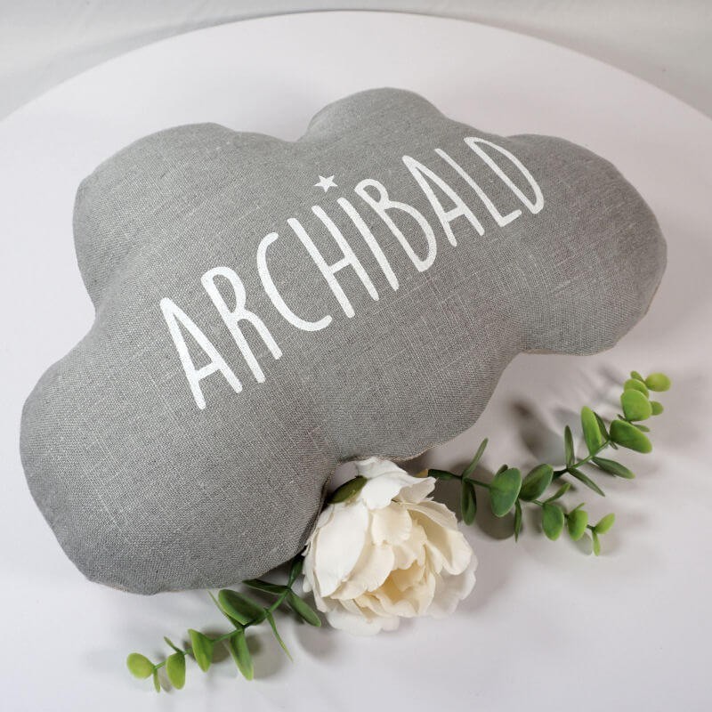 Coussin Nuage Personnalise Prenom En Lin Gris Cadeau Personnalisable Bebe
