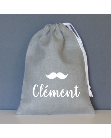 pochon personnalisé moustache lin gris clair