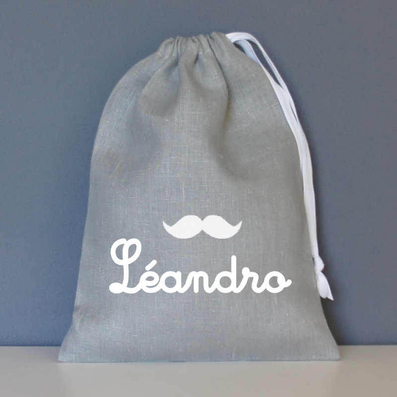 pochon personnalisé moustache en lin gris