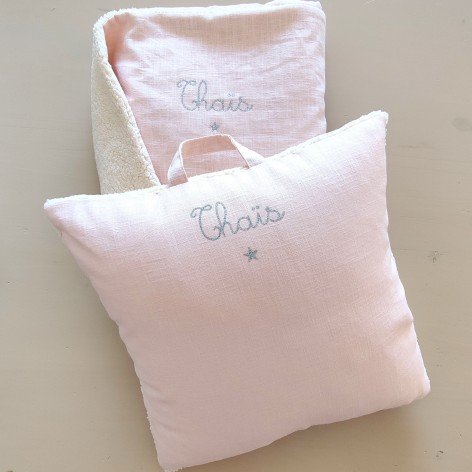 kit sieste maternelle coussin et couverture en lin rose