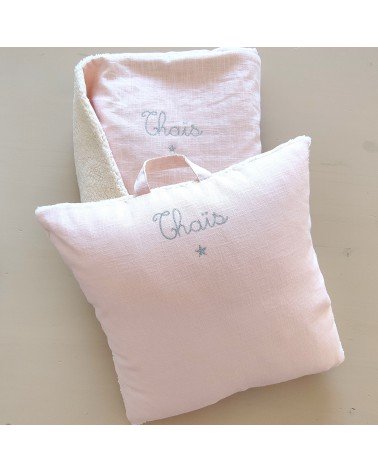 kit sieste maternelle coussin et couverture en lin rose