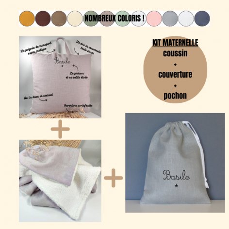 Kit maternelle : coussin + couverture + pochon