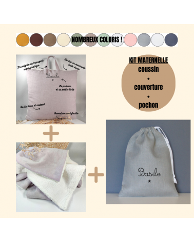 Kit maternelle : coussin + couverture + pochon