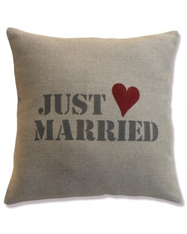 coussin  lin inscription "just married"