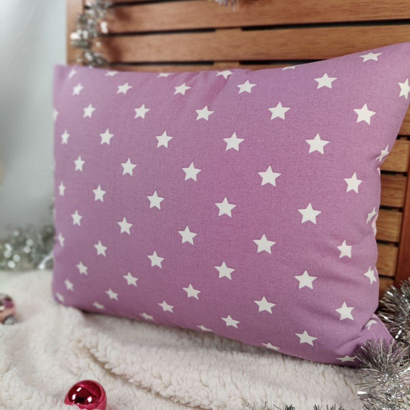 coussin biface en coton étoilé et coton à pois couleur mauve