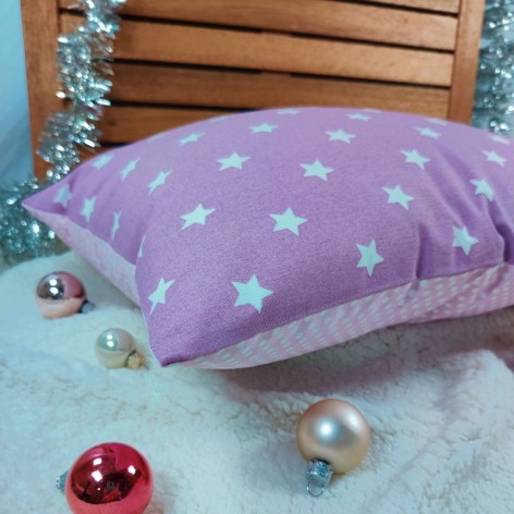 coussin biface en coton étoilé et coton à pois couleur mauve