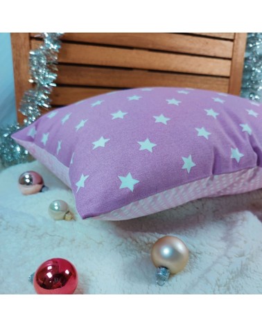 coussin biface en coton étoilé et coton à pois couleur mauve