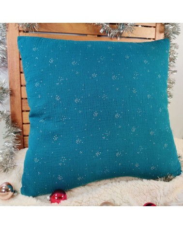 coussin en double gaze bleu canard éclats argentés