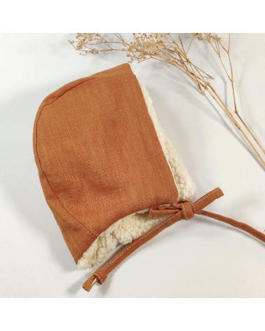 chapeau bébé fille lin caramel et sherpa écrue