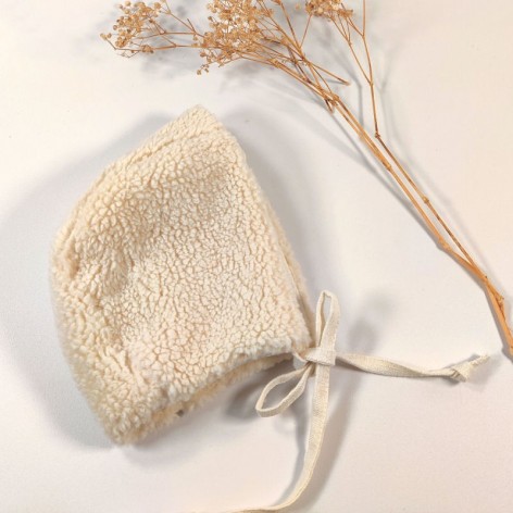 bonnet bébé 1 mois lin ivoire et sherpa écrue