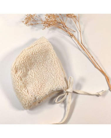 bonnet bébé 1 mois lin ivoire et sherpa écrue