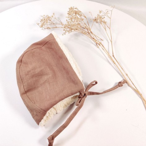 bonnet naissance lin chataîgne et sherpa écrue