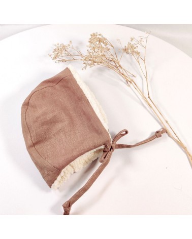 bonnet naissance lin chataîgne et sherpa écrue