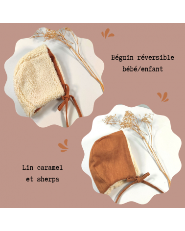 bonnet bébé fille lin caramel et sherpa écrue