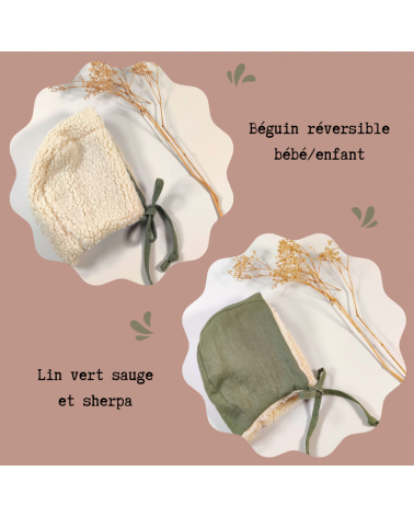 bonnet bébé garçon lin vert sauge et sherpa écrue