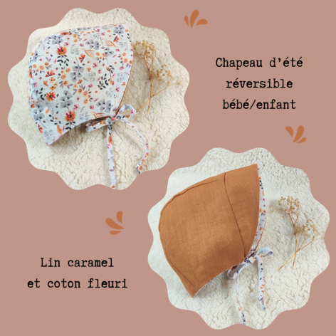 chapeau d'été bébé fille lin caramel et coton  fleuri