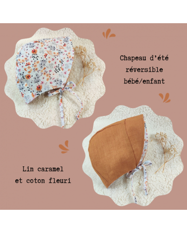 chapeau d'été bébé fille lin caramel et coton  fleuri