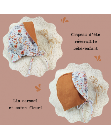chapeau d'été bébé fille lin caramel et coton  fleuri