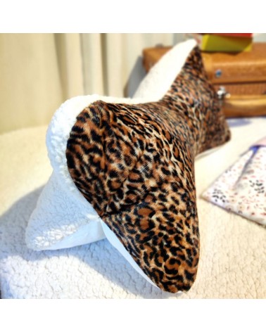 Coussin os de lecture velours léopard, fausse fourrure et lin ivoire