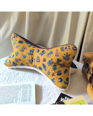 Coussin os de lecture coton fleuri, fausse fourrure et lin bleu